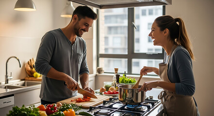 Couple cooking together : A smiling man chops vegetables while a woman stirs a pot on the stove creating a happy healthy meal
