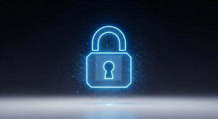 Glowing blue digital padlock with circuit board elements representing cybersecurity and data protection on a dark background.