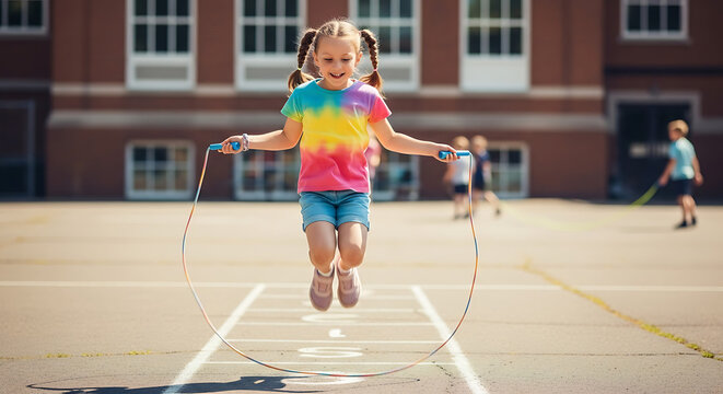 Girl jumping rope outside Colorful shirt pigtails hopscotch Enjoying recess happy and active lifestyle schoolyard activities