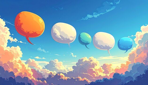 Colorful speech bubbles float in a vibrant sky filled with fluffy clouds