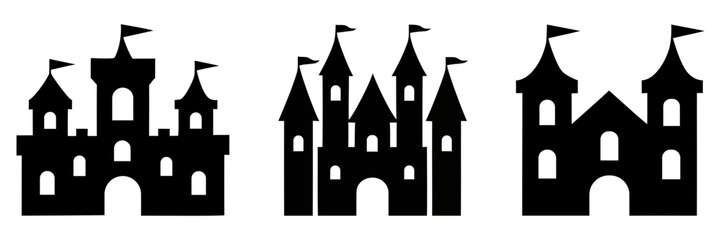 Obraz premium Collection of three black silhouette castles with flags