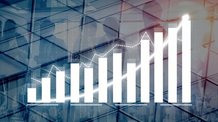 This image shows an abstract growth representation with graphs overlaying silhouettes of business people in a modern office environment, symbolizing success in finance. Copula