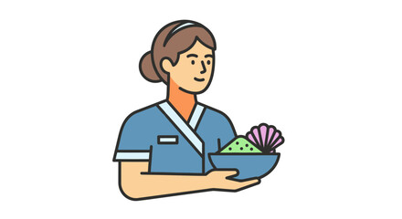 Friendly esthetician holding a bowl of green scrub and a seashell.