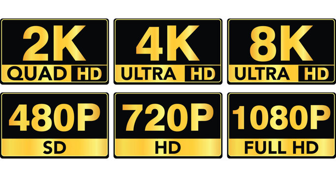Flat Vector Set of Resolution Icons 8K, 4K Ultra HD, 2K Quad HD, 1080p Full HD, 720p HD, and 480p SD on White Background