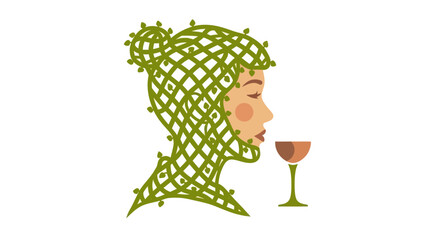 Profile of an abstract woman with green vine hair and a wine glass.