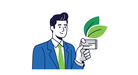 Businessman holding an eco friendly green credit card for sustainable finance.