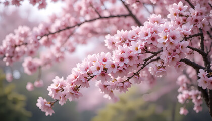 Close-up of blooming cherry blossom branches with clusters of soft pink flowers against a blurred background of more blossoms, evoking a serene, springtime feel.