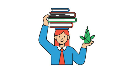 Cartoon woman balances knowledge and nature with books and a plant.