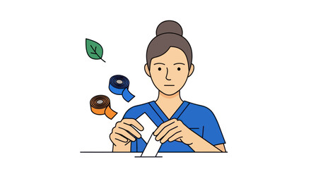 Medical professional in blue scrubs opening a medicine package.