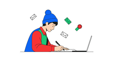 Young person in colorful clothes writing at a desk with a laptop.