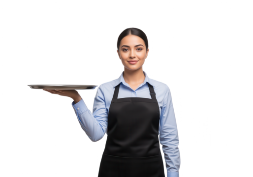 Smiling Waitress Holding Serving Tray on White Background