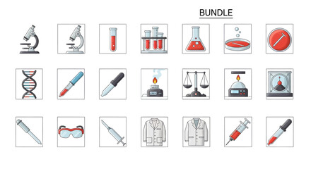 Scientific Laboratory Equipment and Research Tools Doodle Icon Set.