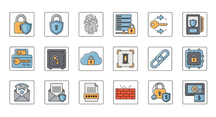 Security icons set - lock, shield, key, safe, fingerprint, data protection.