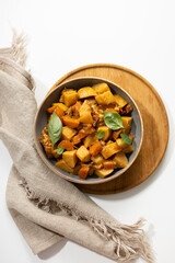 Top view of stewed potatoes with chicken and carrots comfort food