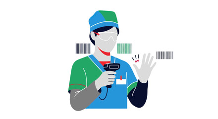 Warehouse worker in uniform using a handheld barcode scanner.