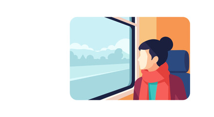 A woman in a red coat looking out a train window.