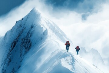 Climbers ascending a snowy mountain peak on a cloudy winter day in the high alpine region