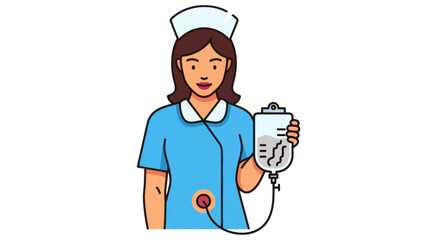 Cartoon illustration of a female nurse holding an IV bag.