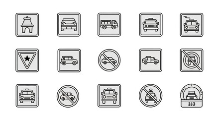 Set of various road signs and traffic regulations for vehicles.