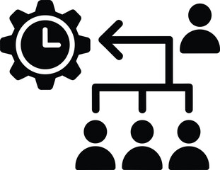 Delegation and time management icon, organizational hierarchy and scheduling concept, gear clock graphic for business efficiency, leadership strategy, and task assignment illustration