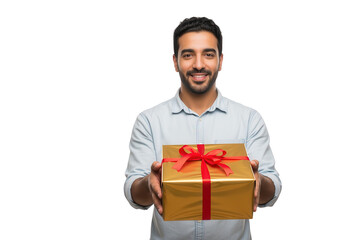 Smiling Man Holding a Golden Gift Box with Red Ribbon, Isolated