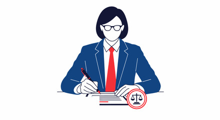 Illustration of a female lawyer signing a legal document at her desk.