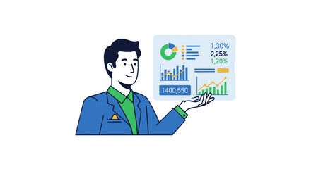 Businessman presenting a detailed financial data analysis dashboard.