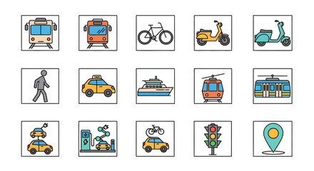 Transportation icons set various vehicles.
