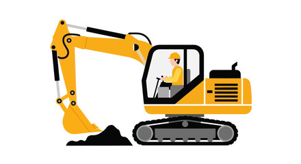 Yellow construction excavator with operator digging soil vector illustration.