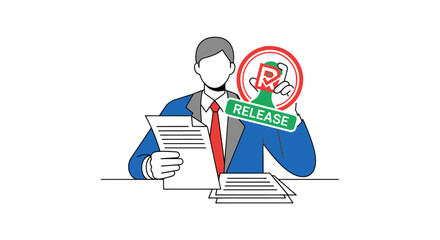 Businessman holding a document and a large release stamp for approval.