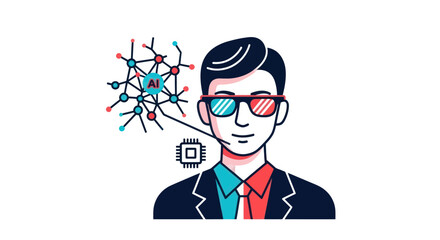 Man with 3D glasses connected to an AI neural network icon.