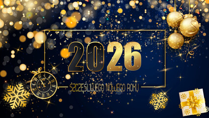 kartka lub baner z życzeniami Szczęśliwego Nowego Roku 2026 w kolorze złotym na niebieskim tle z brokatem i kółkami w efekcie bokeh, zegarem, prezentami, płatkami śniegu i złotą bombką choinkową © emmanuel