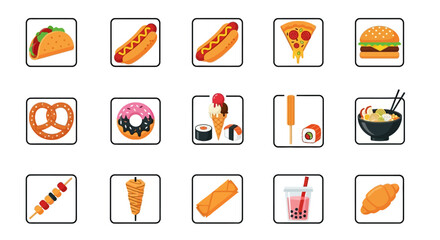 Variety of Fast Food and Snacks Icons.