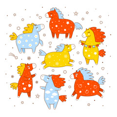 Set of cute сartoon horses isolated on white background - funny animal character for Your kawaii design - symbols of 2026 Chinese New Year