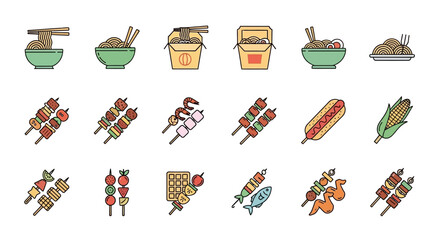 Various types of food, including noodles, skewers, and other dishes.