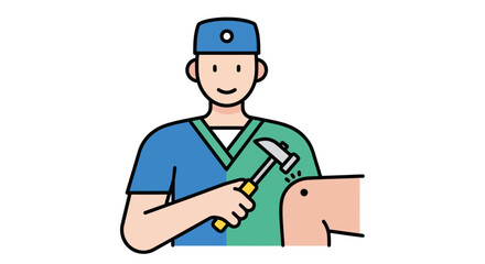 Cartoon doctor performing a neurological reflex test on a knee.