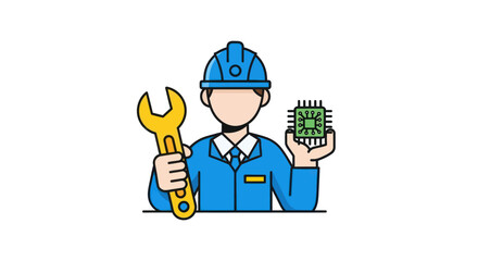 Cartoon technician character holding a wrench and microchip.