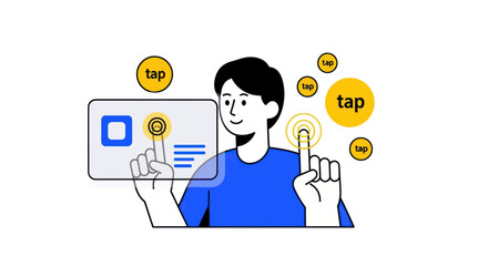 Young man tapping on a futuristic digital touch screen interface.