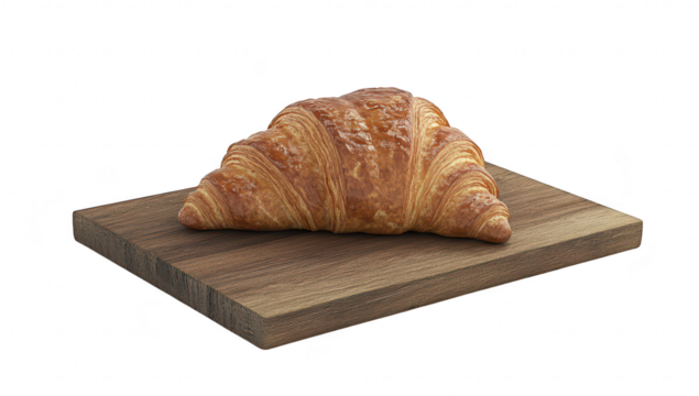 A freshly baked croissant placed on a wooden cutting board. its flaky texture and golden-brown color. with a clean white background enhancing its appetizing appearance - Powered by Adobe