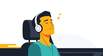 Young man peacefully listening to music with headphones.