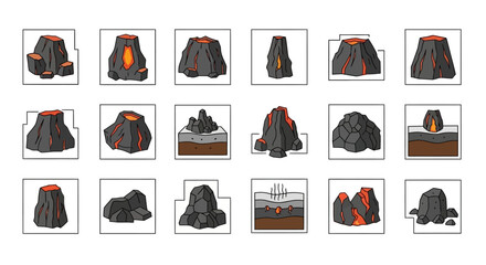 Volcano icon set showing eruption magma and cross sections.