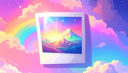 Fototapeta premium Polaroid Photo of a Vibrant Mountain Landscape with Rainbow and Clouds.