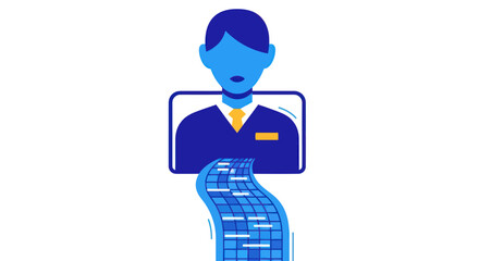 Digital avatar emerging from a computer screen with a data stream.