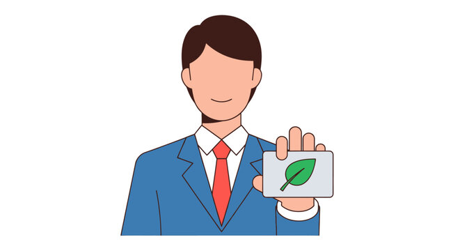 Businessman in a suit holding a card with a green leaf symbol.