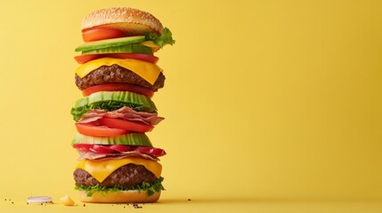Stacked gourmet burger with layers of fresh vegetables, melted cheese, and savory meat, presented against a vibrant yellow background, showcasing culinary artistry and indulgence