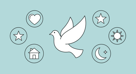 White dove of peace surrounded by symbolic line art icons.