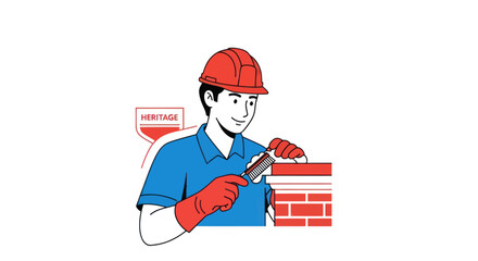 Construction worker laying bricks with a trowel wearing a hard hat and gloves.