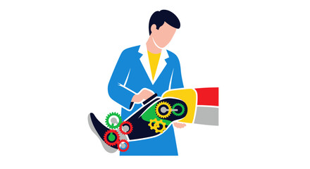 Male engineer in a blue coat inspecting a mechanical prototype.