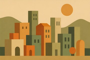 Colorful cityscape illustration with abstract geometric buildings and nature. Stylized architecture, trees, mountains in a panoramic layout. Flat modern design. Travel, tourism, city branding poster
