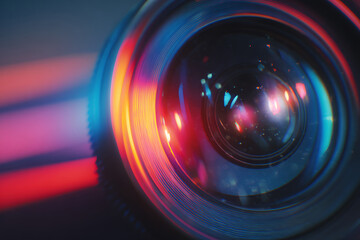 Dynamic Camera Lens Close-up with Vibrant Neon Light Reflections, Flares, and Bokeh